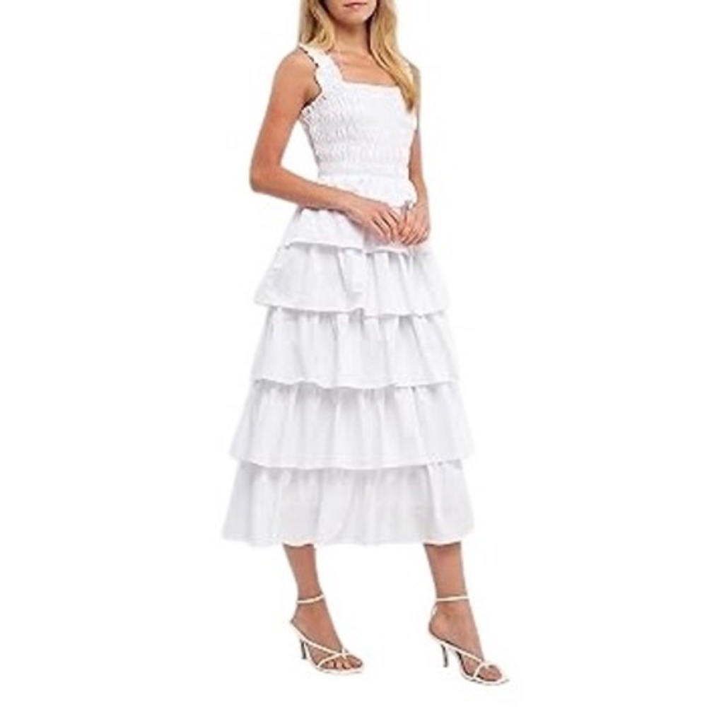 English Factory‎ White Tiered Midi Dress Sleeveless Smocked Summer Dress Size S